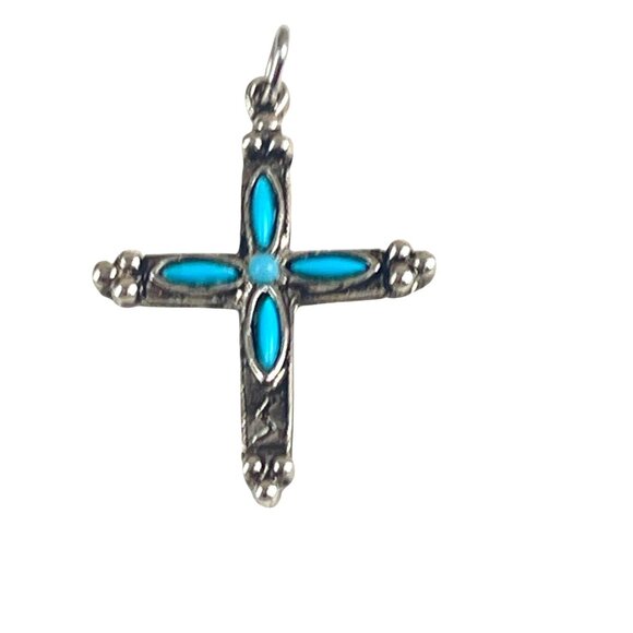 Vintage Silver Cross Pendant Faux Turquoise Inlay Accents Religious Charm Jewelr - Picture 3 of 6